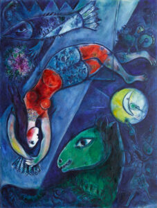 Marc Chagall Der blaue Zirkus, 1950–1952 232,5 x 175,8 cm, Öl auf Leinwand Centre Pompidou, Paris, Musée national d'art moderne – Centre de création industrielle, dation en 1988, en dépôt au Musée national Marc Chagall, Nizza © Bildrecht, Wien 2024